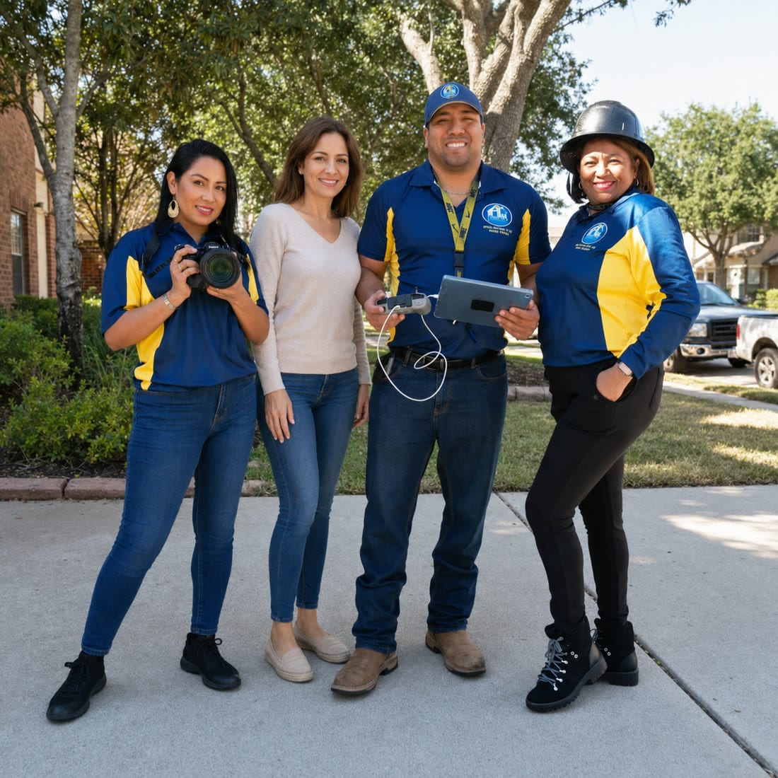 PL Roofing team with a homeowner, holding a camera, drone, and tablet to document roof and storm damage